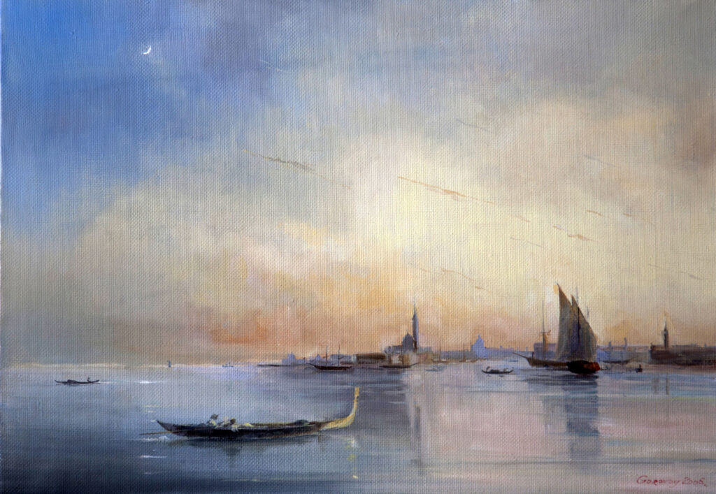 "View of Venice from the lagoon at sunset"